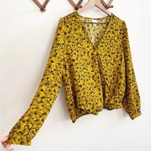 A New Day Floral Print Surplice Faux Wrap Blouse Large Yellow